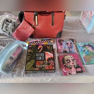 Red tote with strap and coin purse + makeup bundle